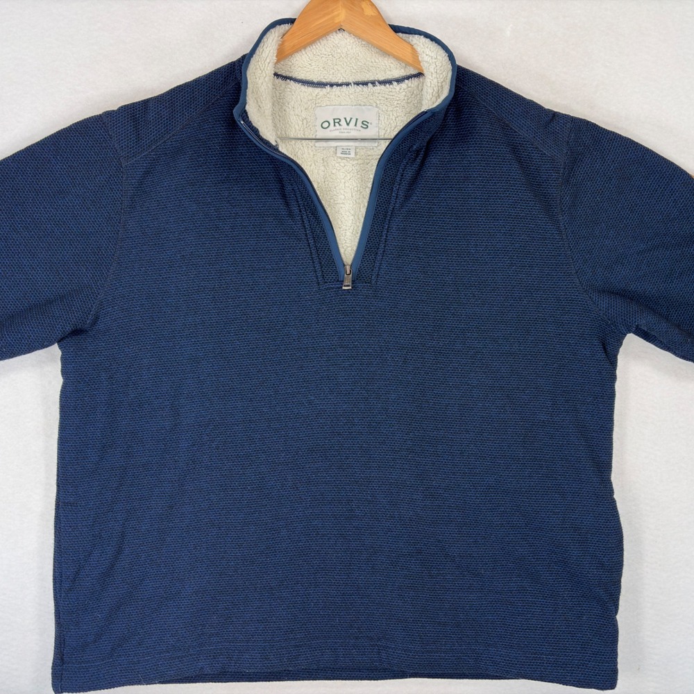 Orvis Mens XL Navy Blue Waffle Knit Sherpa Lined Quarter Zip Pullover 1526440